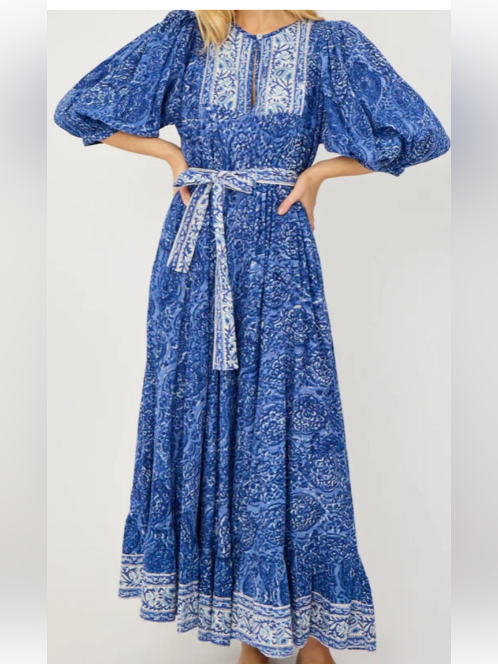 MAREA Blue Floral Maxi Dress with Embroidered Yoke Size S
